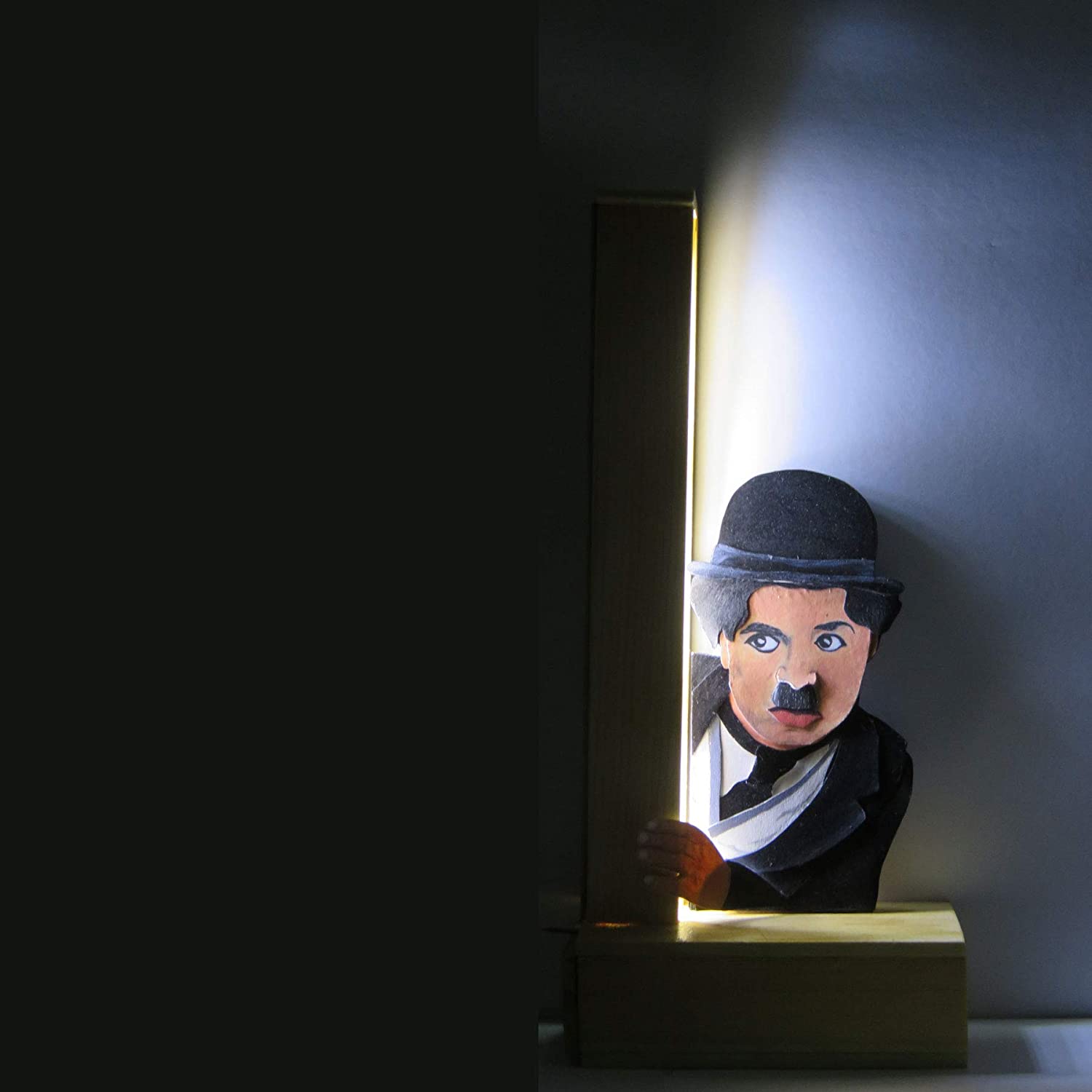 Twaksati Handmade Charlie Chaplin Peeking Black, Wood and Paper, Decor Lamp