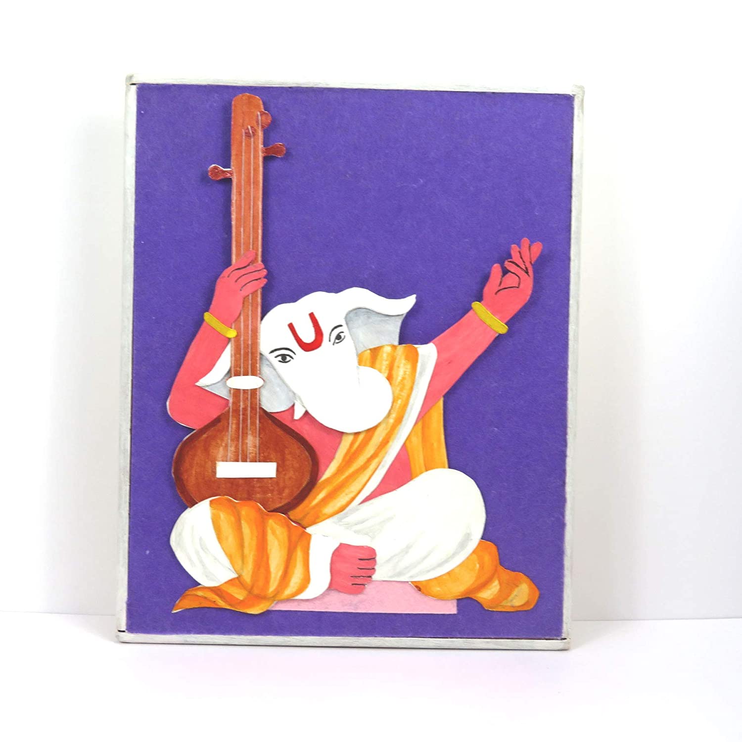 Twaksati Handmade Papercraft Wooden Bordered Ganeshji Playing Tanpura