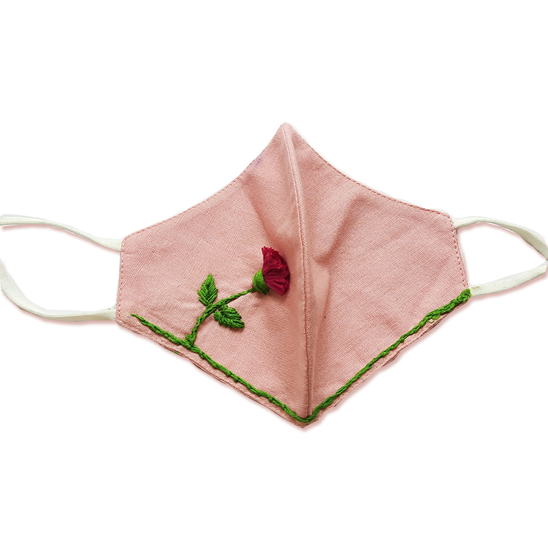 Twaksati handmade embroidered cotton soft and breathable face Mask - Peach with flower