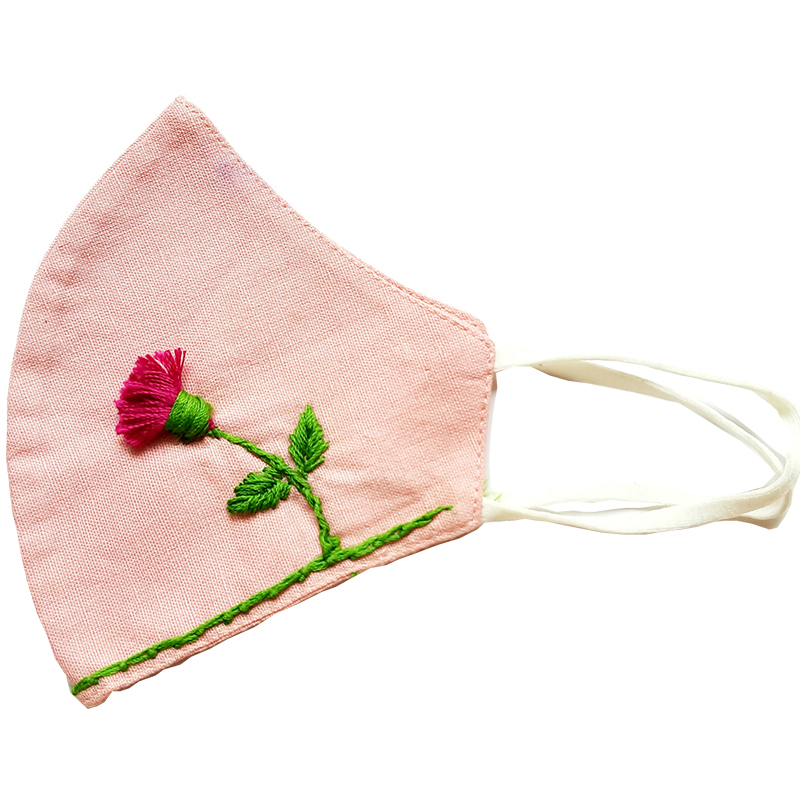 Twaksati handmade embroidered cotton soft and breathable face Mask - Peach with flower